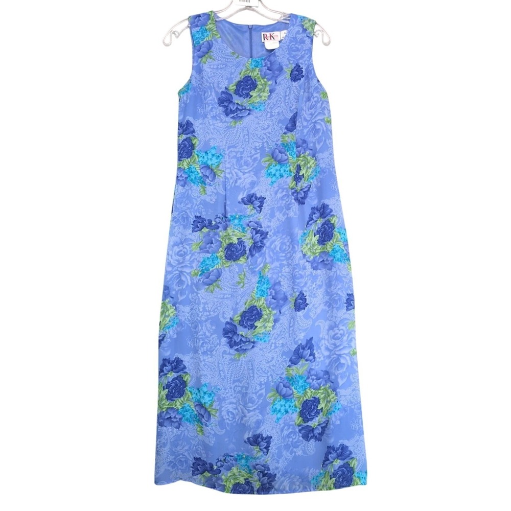 Vintage 90s R&K Original Blue Floral Chiffon Midi Dress Sz 10 Petite‎ Resort Tea